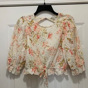 3/$15 AEO 100% Cotton & Linen Floral Eyelet Blouse - Cream and Pink Size Small